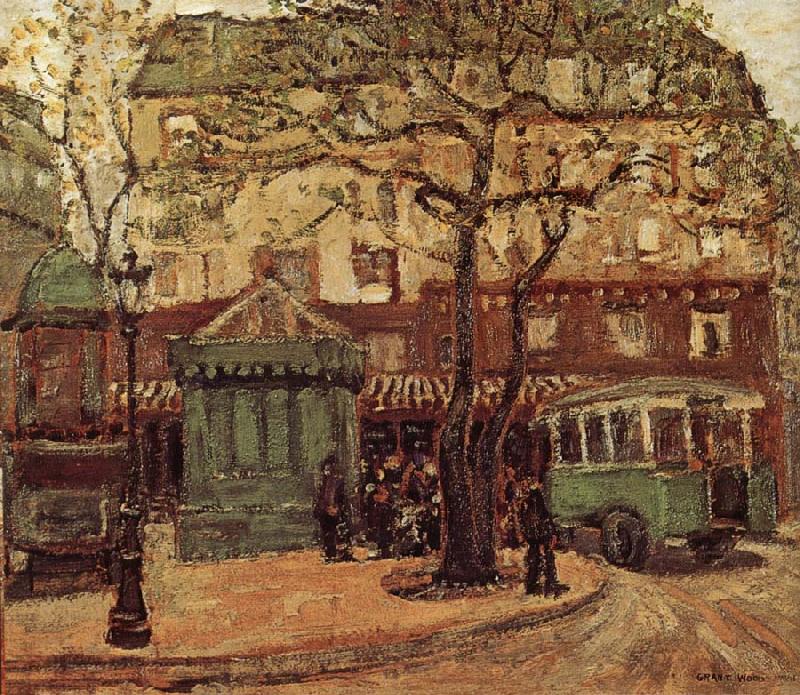 Grant Wood Greenish Bus in Street of Paris Spain oil painting art